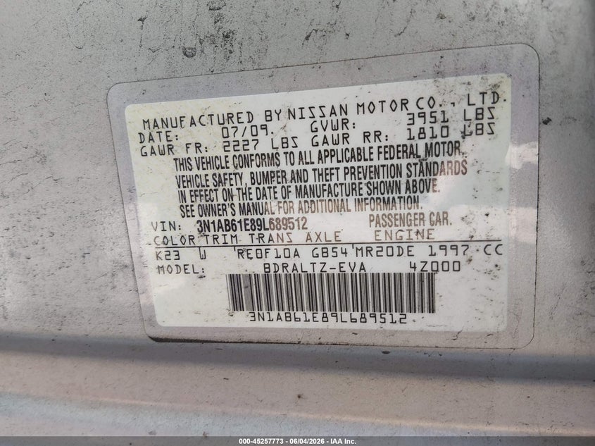 2009 Nissan Sentra 2.0S VIN: 3N1AB61E89L689512 Lot: 45257773