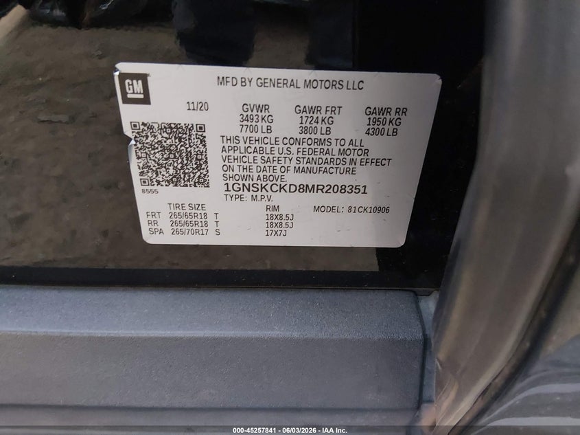 2021 Chevrolet Suburban 4Wd Lt VIN: 1GNSKCKD8MR208351 Lot: 45257841