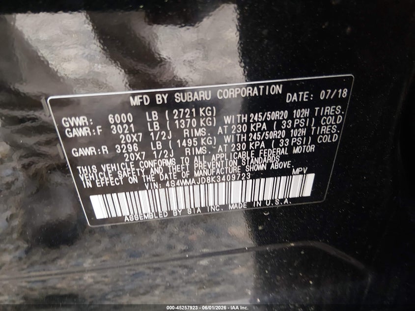 2019 Subaru Ascent Limited VIN: 4S4WMAJD8K3409723 Lot: 45257923