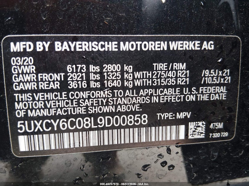 2020 BMW X6 xDrive40I VIN: 5UXCY6C08L9D00858 Lot: 45257970