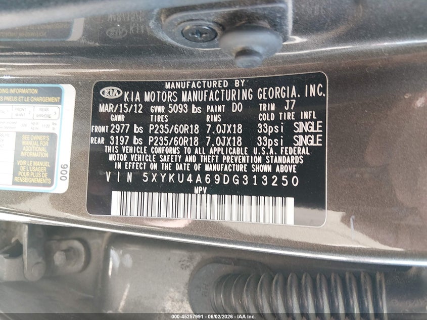 2013 Kia Sorento Ex VIN: 5XYKU4A69DG313250 Lot: 45257991
