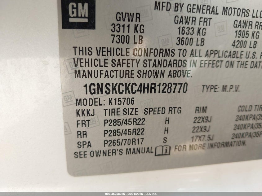 2017 Chevrolet Tahoe Premier VIN: 1GNSKCKC4HR128770 Lot: 45258026