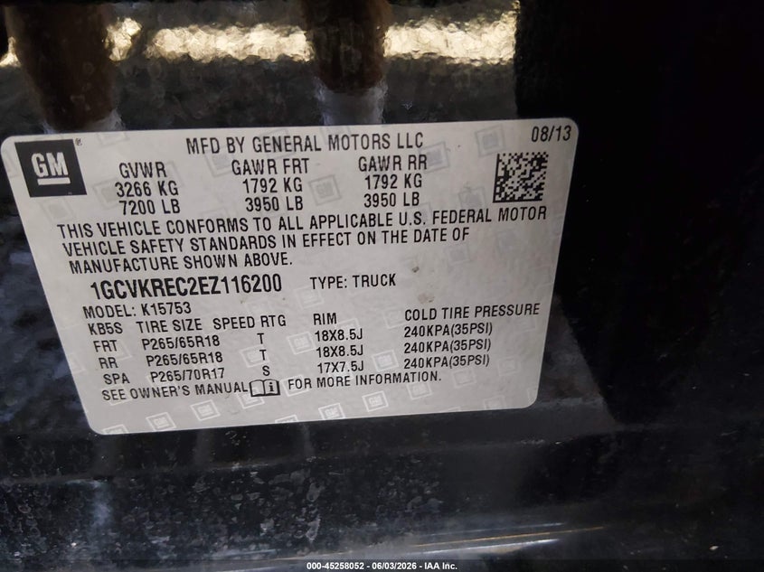 CHEVROLET SILVERADO 1500 2014 VIN 1GCVKREC2EZ116200