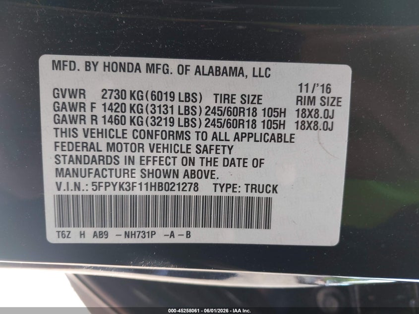 2017 Honda Ridgeline Sport VIN: 5FPYK3F11HB021278 Lot: 45258061