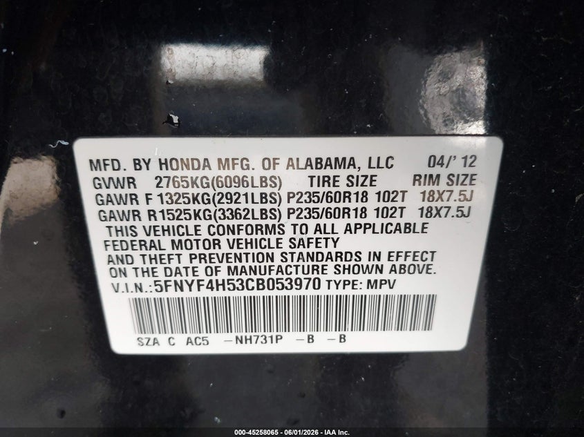 5FNYF4H53CB053970 2012 Honda Pilot 3.5 Ex-L black