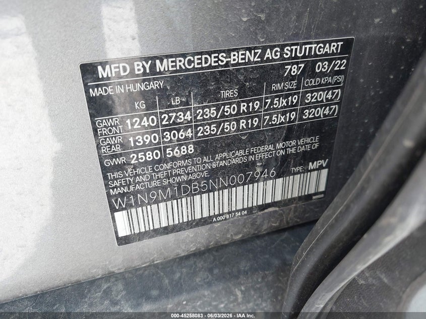 2022 Mercedes-Benz Eqb 350 Suv 4Matic VIN: W1N9M1DB5NN007946 Lot: 45258083