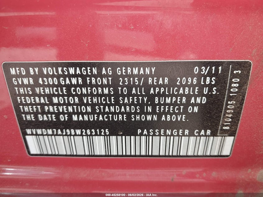 2011 Volkswagen Golf Tdi 4-Door VIN: WVWDM7AJ9BW263125 Lot: 45258100