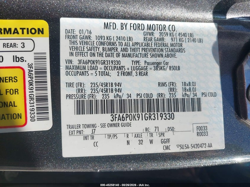 FORD FUSION 2016 VIN 3FA6P0K91GR319330
