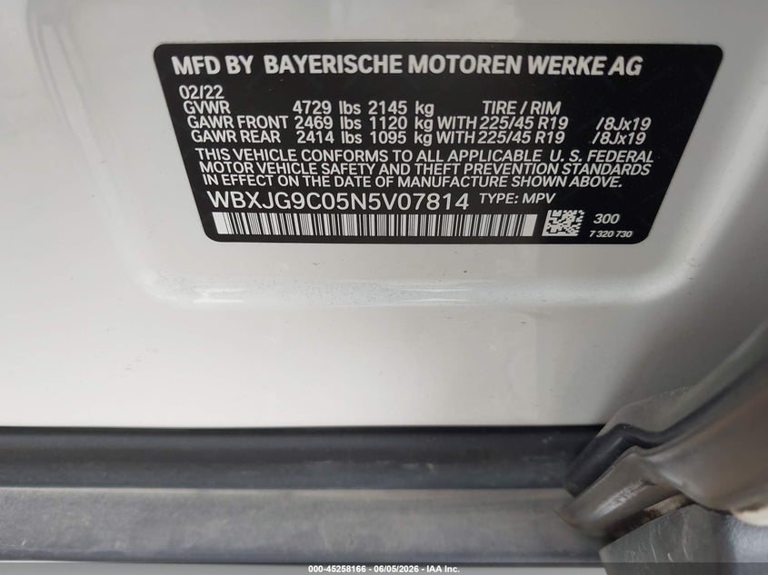 2022 BMW X1 2.0L I-4 DI, DOHC, V(VIN: WBXJG9C05N5V07814