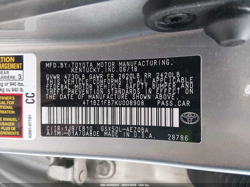 2019 Toyota Avalon Xse VIN: 4T1BZ1FB7KU008908 Lot: 45258203