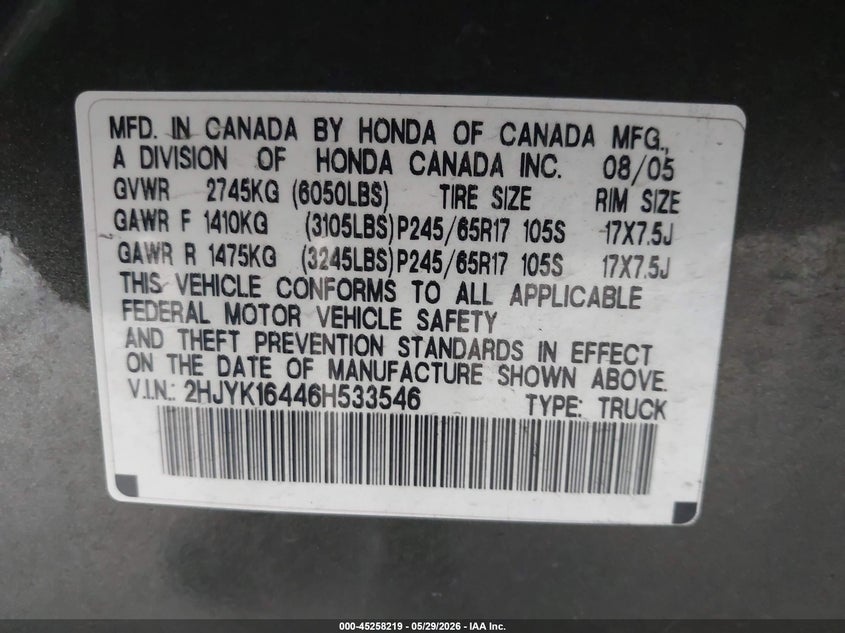 2006 Honda Ridgeline Rts VIN: 2HJYK16446H533546 Lot: 45258219