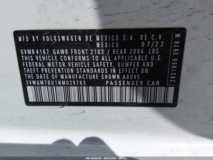 2022 Volkswagen Jetta 1.5T Sel VIN: 3VWGM7BU1NM029763 Lot: 45258228