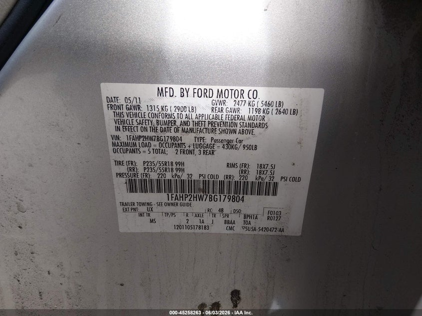 2011 Ford Taurus Sel VIN: 1FAHP2HW7BG179804 Lot: 45258263