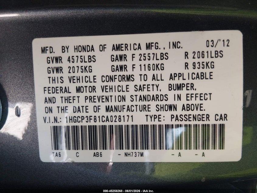2012 Honda Accord 3.5 3.5 Ex-L grey Lot 111045258268 Vin 1HGCP3F81CA028171