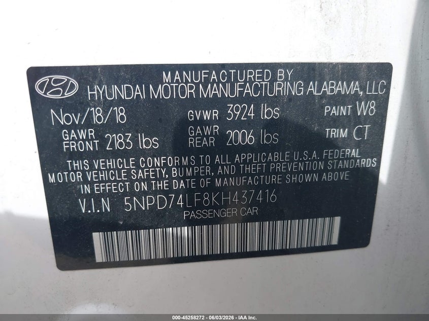 2019 Hyundai Elantra Se VIN: 5NPD74LF8KH437416 Lot: 45258272