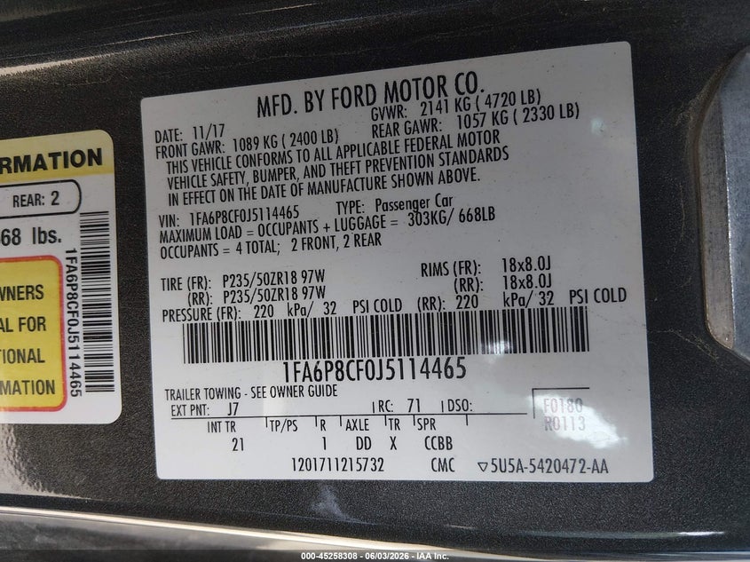 2018 Ford Mustang Gt VIN: 1FA6P8CF0J5114465 Lot: 45258308