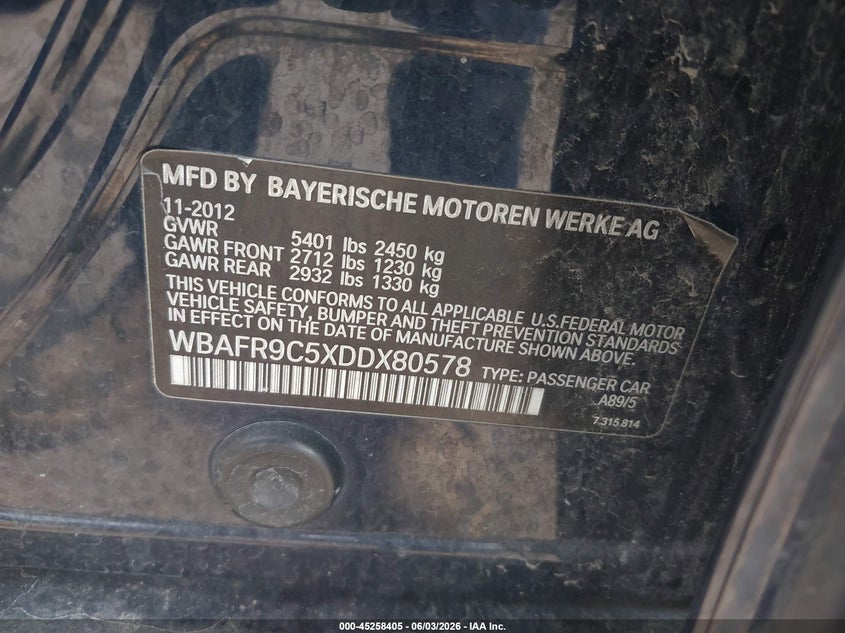 2013 BMW 550I VIN: WBAFR9C5XDDX80578 Lot: 45258405