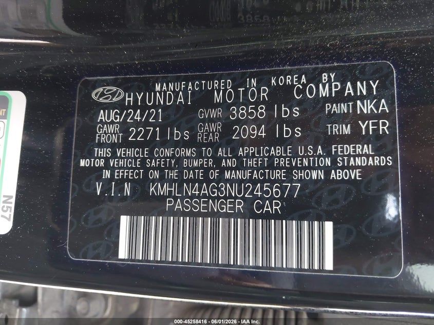 2022 Hyundai Elantra Sel VIN: KMHLN4AG3NU245677 Lot: 45258416