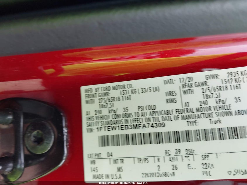 2021 FORD F-150 PICKUP 3.3L V-6 DI, DOHC, VVT, 290HP
