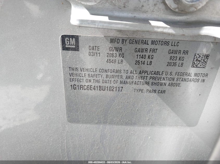 2011 Chevrolet Volt VIN: 1G1RC6E41BU102117 Lot: 45258433