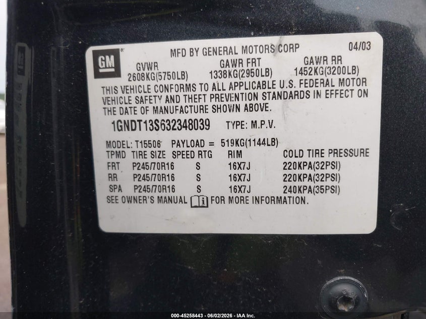 2003 Chevrolet Trailblazer Ls VIN: 1GNDT13S632348039 Lot: 45258443