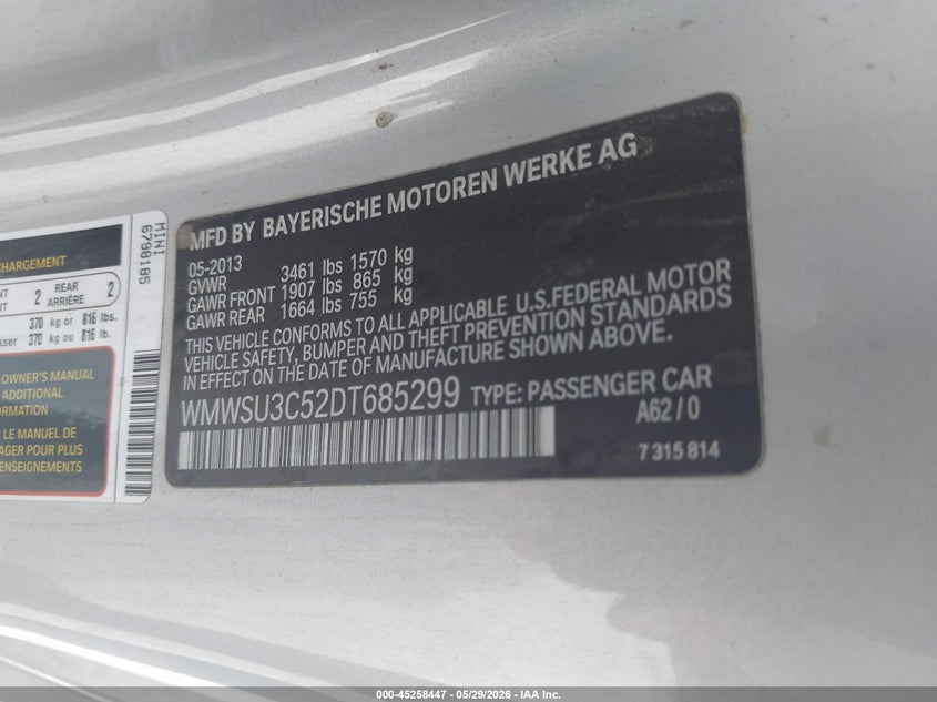 2013 Mini Hardtop Cooper VIN: WMWSU3C52DT685299 Lot: 45258447