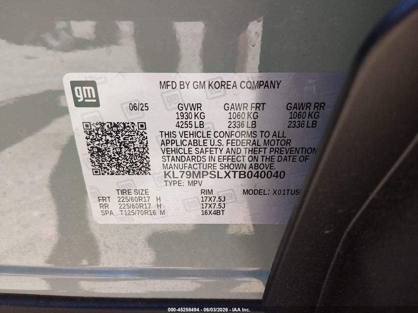 2026 Chevrolet Trailblazer Fwd Lt VIN: KL79MPSLXTB040040 Lot: 45258494