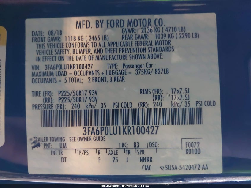 2019 FORD FUSION SEDAN 2.0L I-4 DOHC, VVT, 141HP