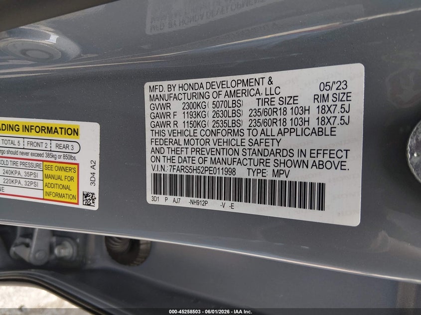 VIN 7FARS5H52PE011998 2023 HONDA CR-V HYBRID SPORT