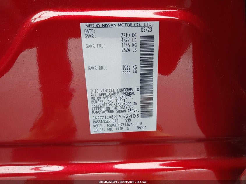 2023 Nissan Leaf Sv Plus 60 Kwh VIN: 1N4CZ1CV8PC562405 Lot: 45258521