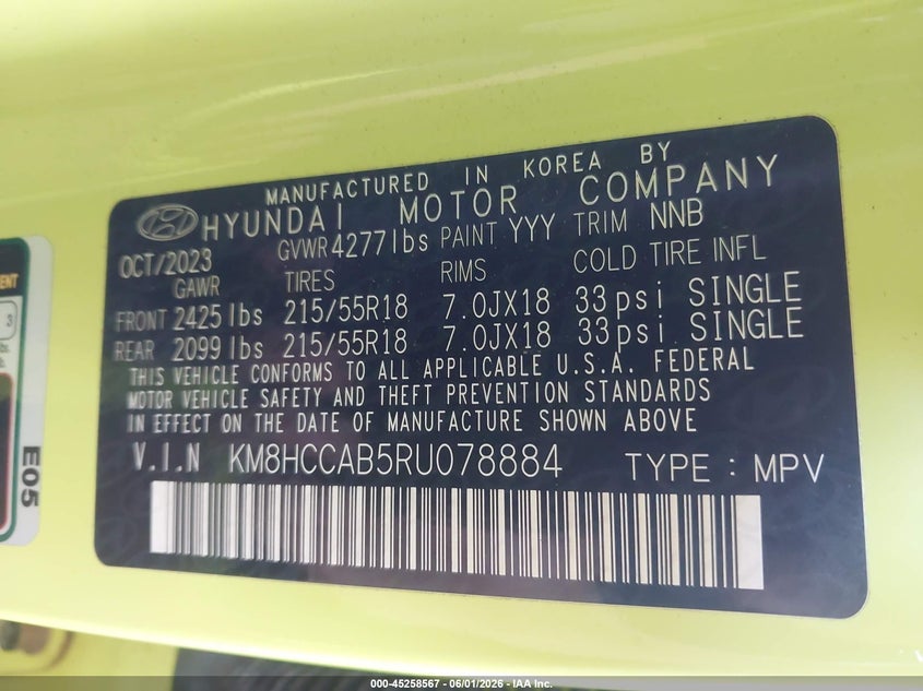 2024 Hyundai Kona Sel VIN: KM8HCCAB5RU078884 Lot: 45258567