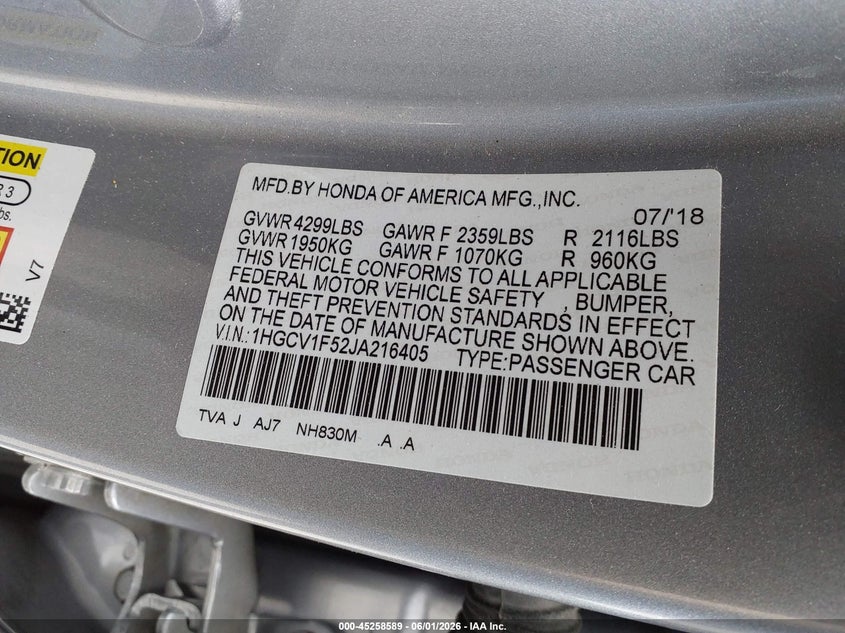 VIN 1HGCV1F52JA216405 2018 HONDA ACCORD EX-L