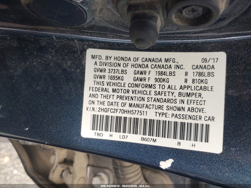 VIN 2HGFC2F70HH577511 2017 HONDA CIVIC EX