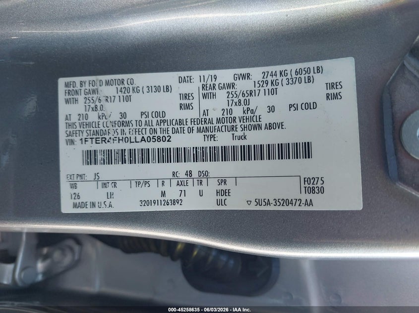 2020 Ford Ranger Xlt VIN: 1FTER4FH0LLA05802 Lot: 45258635