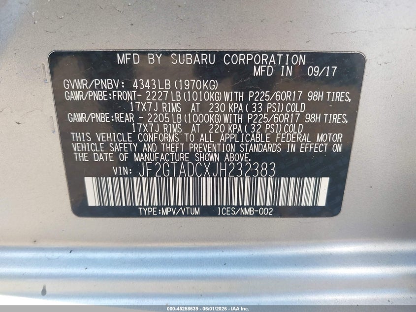 2018 SUBARU XV SPORT UTILITY VEHICLE 2.0L H-4 DI, DOHC, VVT, 152HP