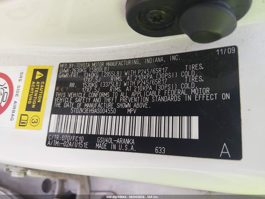 2010 Toyota Highlander Base V6 VIN: 5TDZK3EH9AS004550 Lot: 45258644