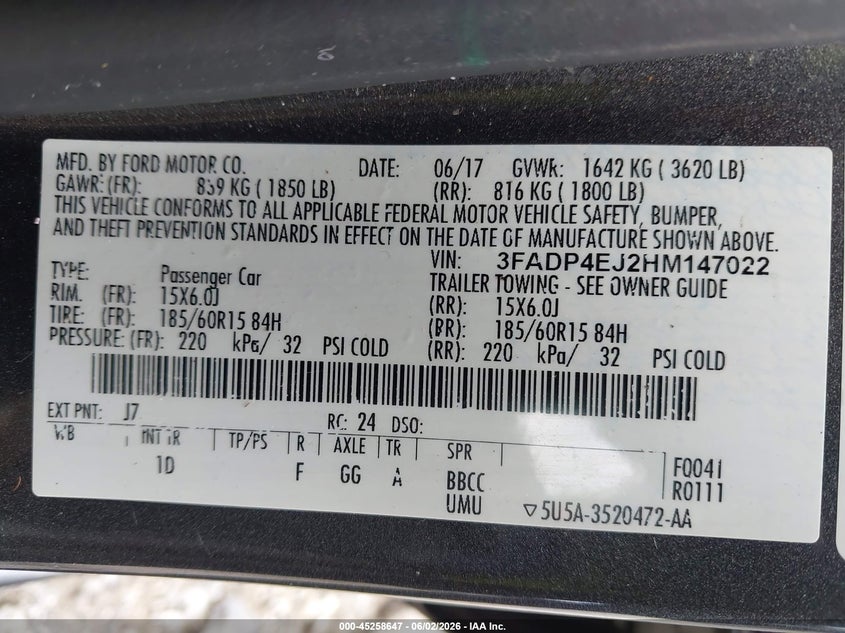 2017 Ford Fiesta Se VIN: 3FADP4EJ2HM147022 Lot: 45258647