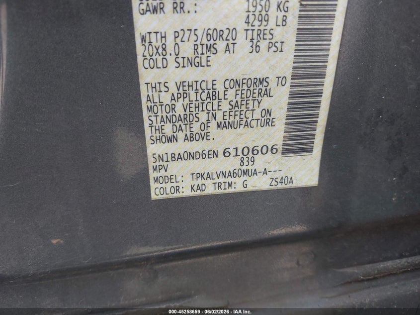 2014 Nissan Armada Sl VIN: 5N1BA0ND6EN610606 Lot: 45258659