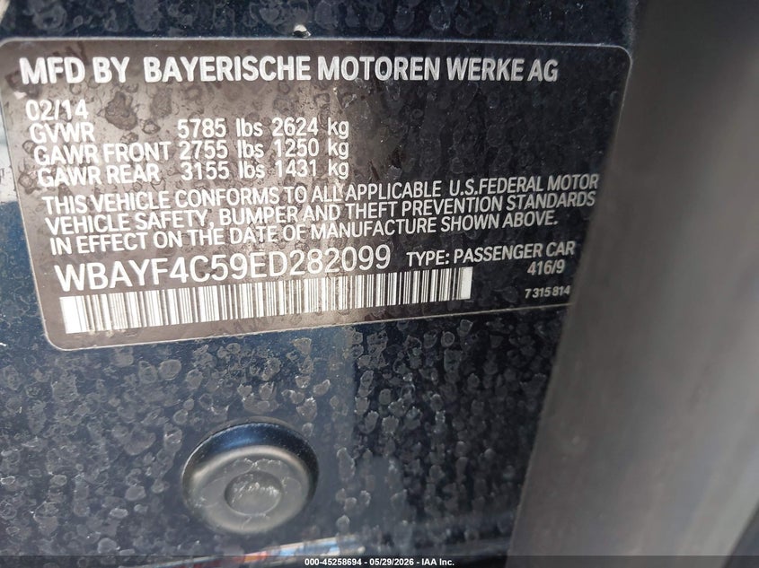 2014 BMW 740Li xDrive VIN: WBAYF4C59ED282099 Lot: 45258694
