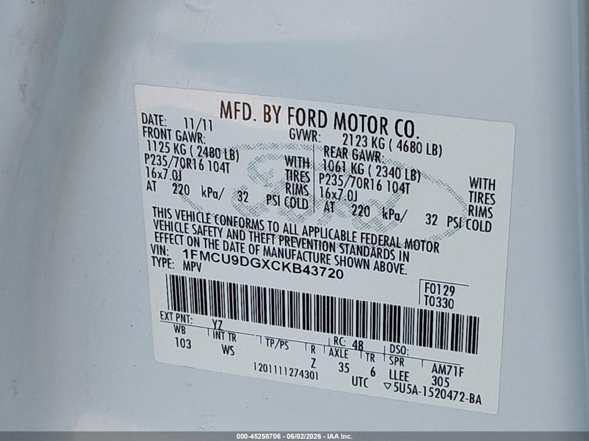1FMCU9DGXCKB43720 2012 Ford Escape 3.0 Xlt white