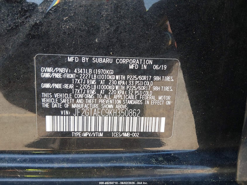 2019 Subaru Crosstrek 2.0I Premium VIN: JF2GTAEC9KH350862 Lot: 45258718