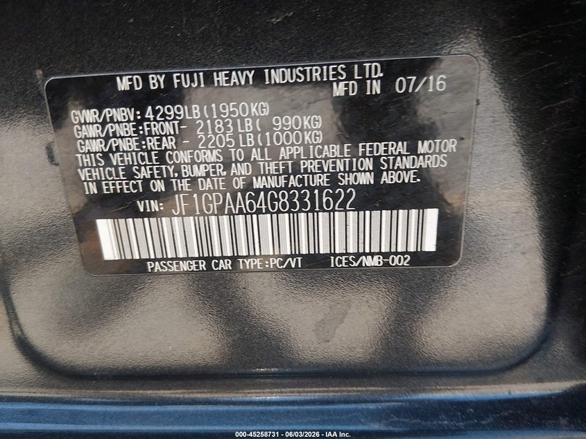 2016 Subaru Impreza 2.0I VIN: JF1GPAA64G8331622 Lot: 45258731