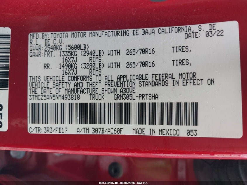 2022 Toyota Tacoma Trd Off Road VIN: 3TMCZ5AN5NM493818 Lot: 45258740
