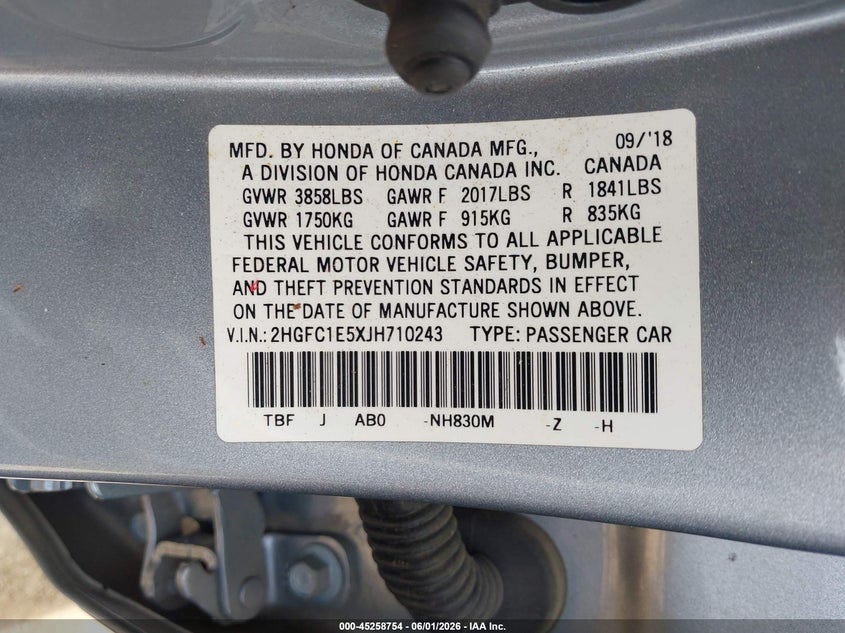 VIN 2HGFC1E5XJH710243 2018 HONDA CIVIC SI