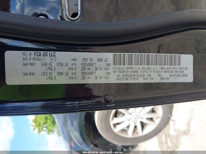 DODGE JOURNEY 2017 VIN 3C4PDDBG3HT618433