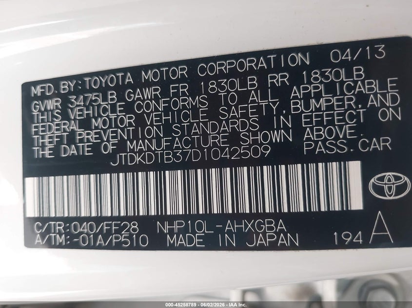 2013 Toyota Prius C Three VIN: JTDKDTB37D1042509 Lot: 45258789