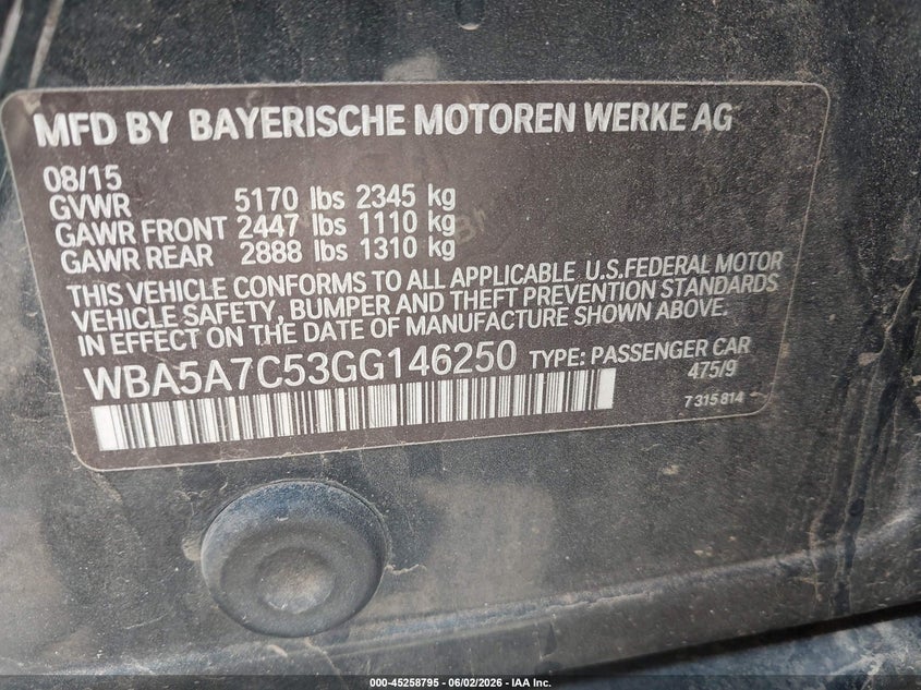 2016 BMW 528I xDrive VIN: WBA5A7C53GG146250 Lot: 45258795