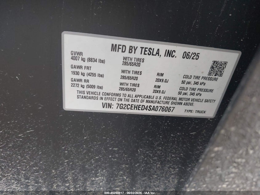 2025 Tesla Cybertruck All-Wheel Drive VIN: 7G2CEHED4SA076067 Lot: 45258817