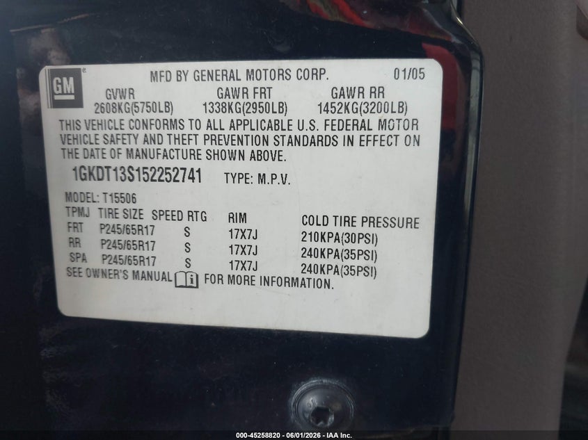2005 GMC Envoy Slt VIN: 1GKDT13S152252741 Lot: 45258820