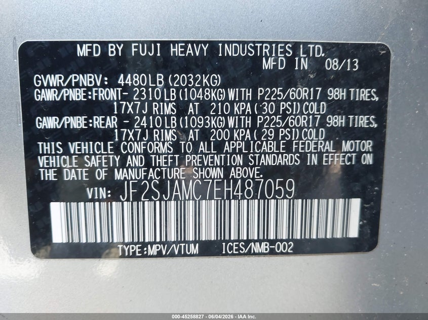 2014 Subaru Forester 2.5I Touring VIN: JF2SJAMC7EH487059 Lot: 45258827